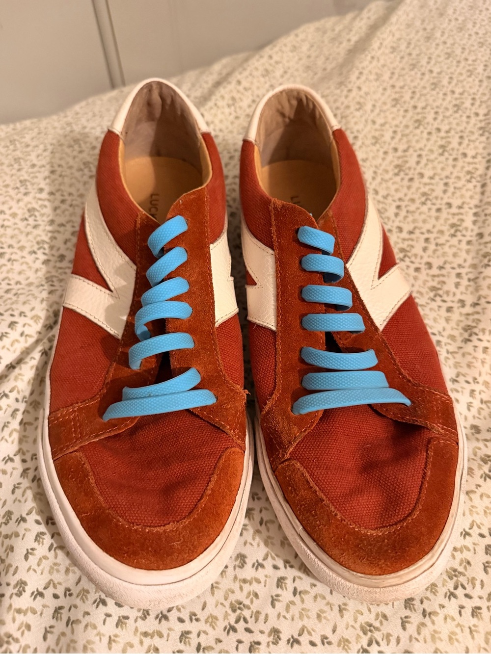 Lucky Brand Rust-Red Sneakers with White Panels and Bright Blue Laces